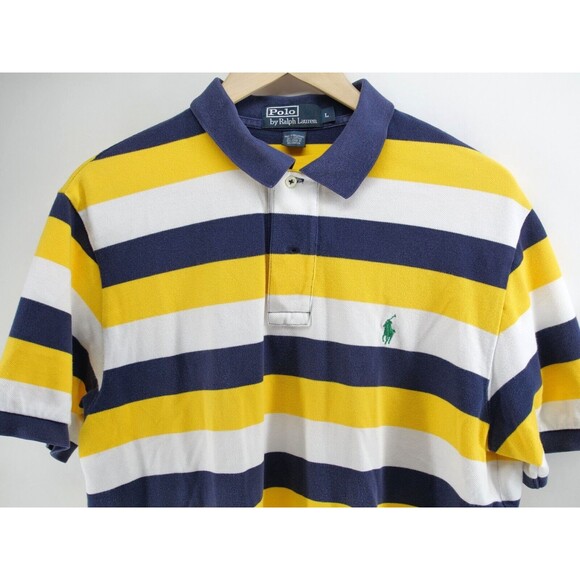 POLO Ralph Lauren Shirt Mens Multi Striped Yellow Blue White Short Sleeve Large - Picture 2 of 7
